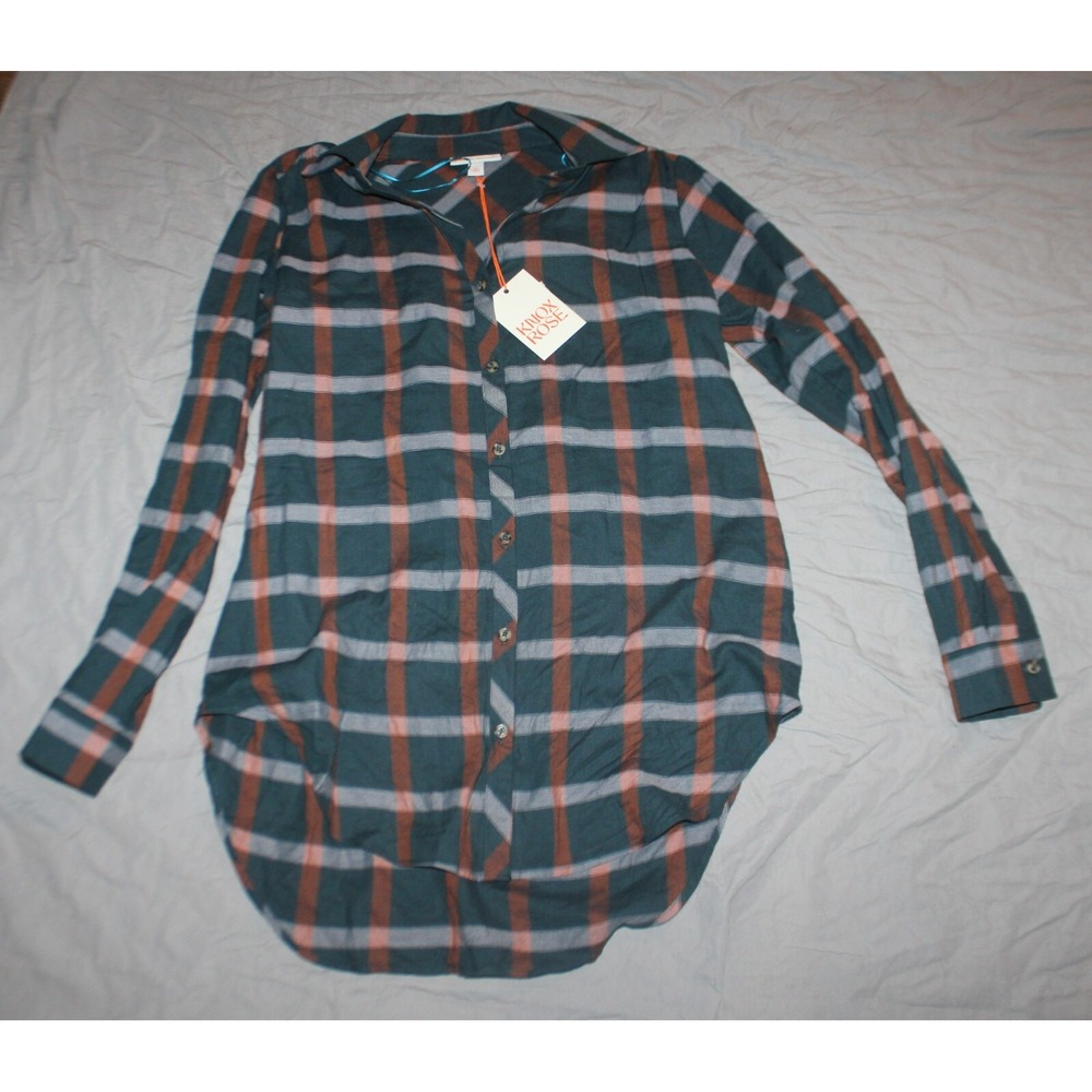 Women's Long Sleeve Button-Down Tunic Shirt - Knox Rose Navy Blue Plaid Small